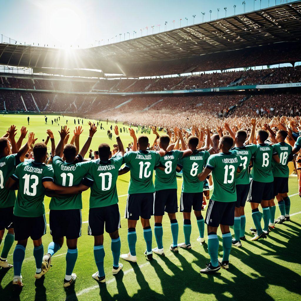 A dynamic scene of a football match with players passionately engaged, showcasing their emotions of teamwork and affection. In the background, a diverse crowd is cheering, holding banners that emphasize community spirit. Bright sunlight pierces through lush greenery, creating a lively atmosphere filled with energy and excitement. High contrast colors to highlight the players' uniforms and the vibrant stadium. super-realistic. vibrant colors. dynamic composition.