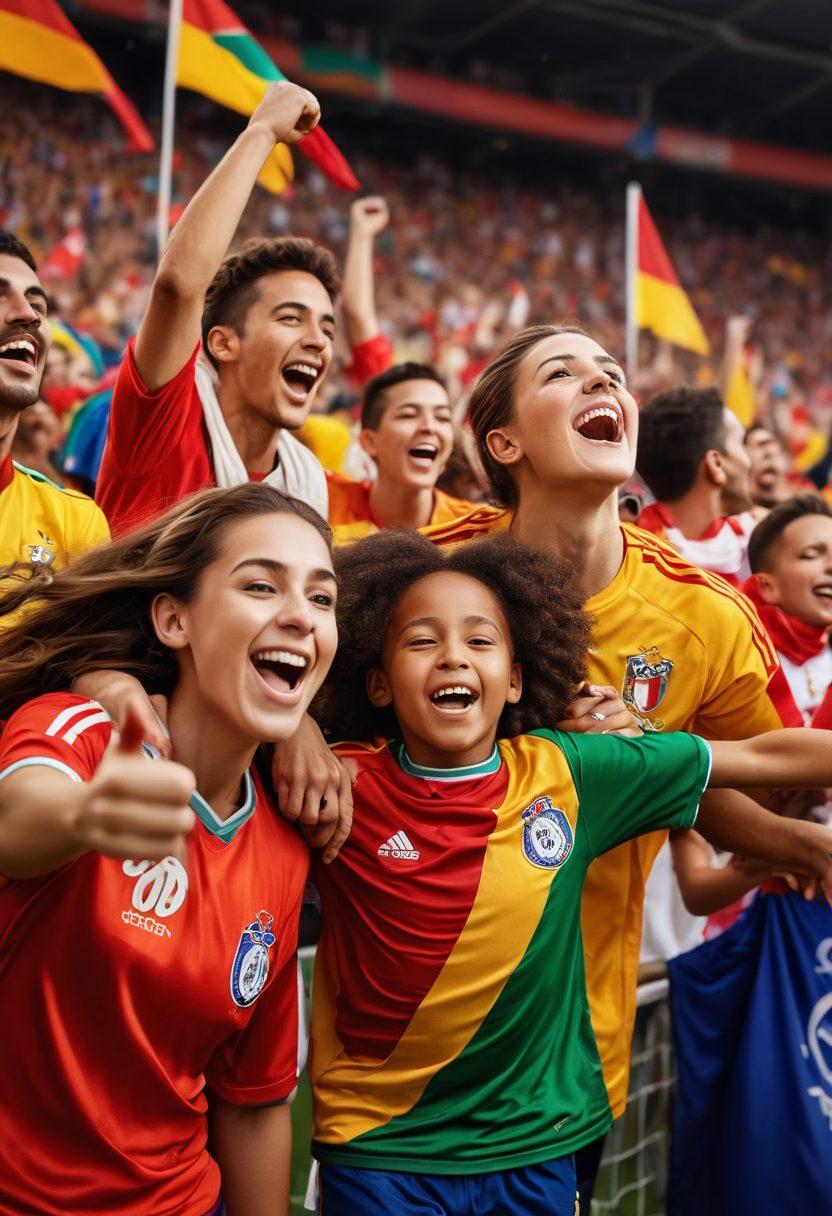 A heartwarming scene showing a diverse group of soccer fans in vibrant jerseys and scarves, celebrating together in a stadium filled with colorful flags. They are cheering with joy, with children and adults side by side, symbolizing unity and community. The backdrop features a lively game in progress under bright stadium lights, capturing the passion and spirit of soccer that brings families together. super-realistic. vibrant colors. dynamic composition.