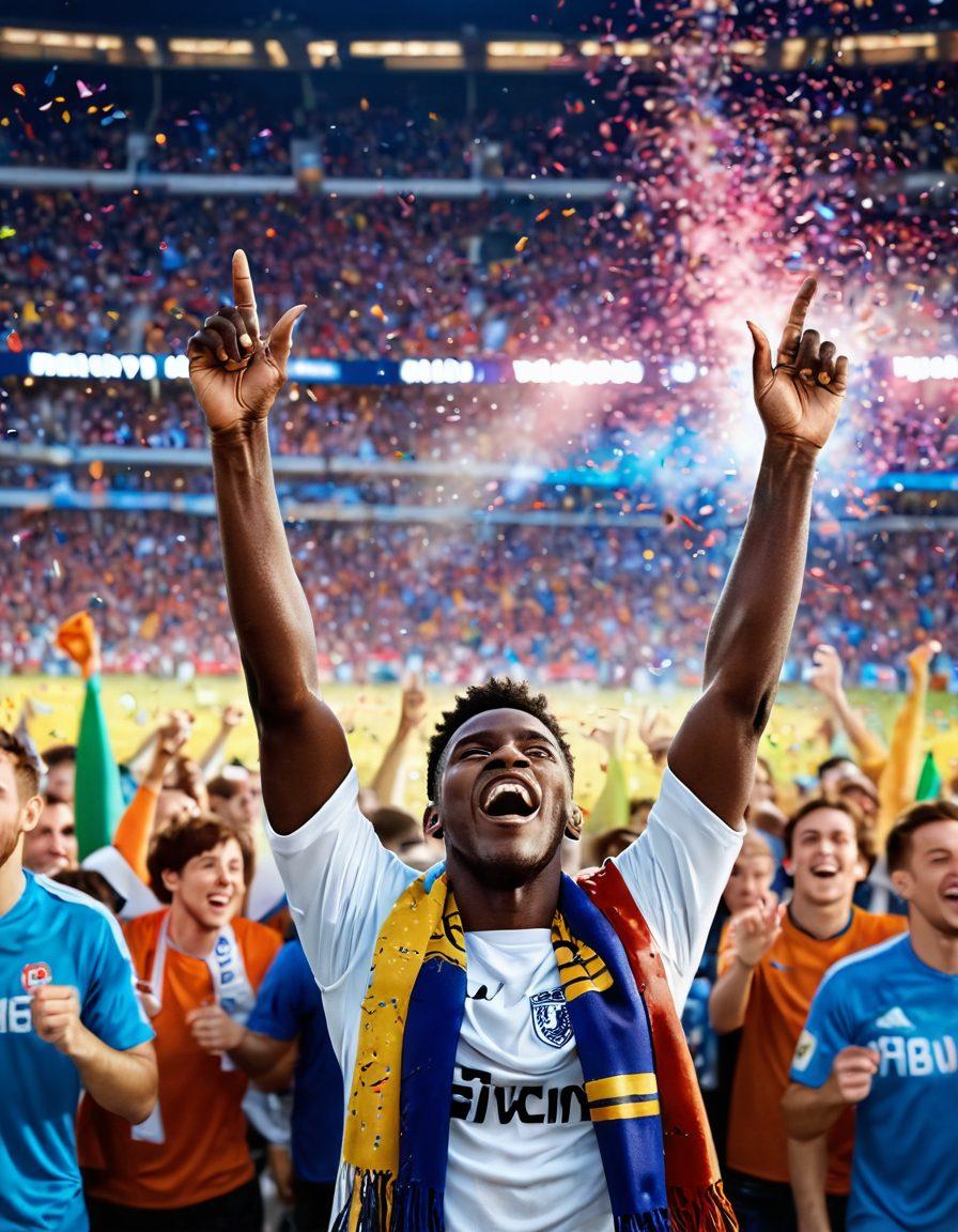 A dynamic scene capturing a vibrant football stadium filled with passionate fans cheering for their team, with a close-up of a player celebrating a goal, surrounded by ecstatic supporters holding banners and scarves, highlighting the emotional connection between them. The background should include colorful confetti falling from the sky, symbolizing unity and celebration. super-realistic. vibrant colors. dramatic lighting.